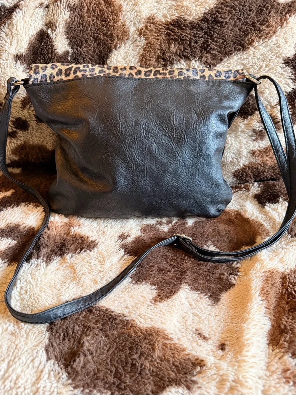Leopard Print Foldover Crossbody Bag with Black Tassels